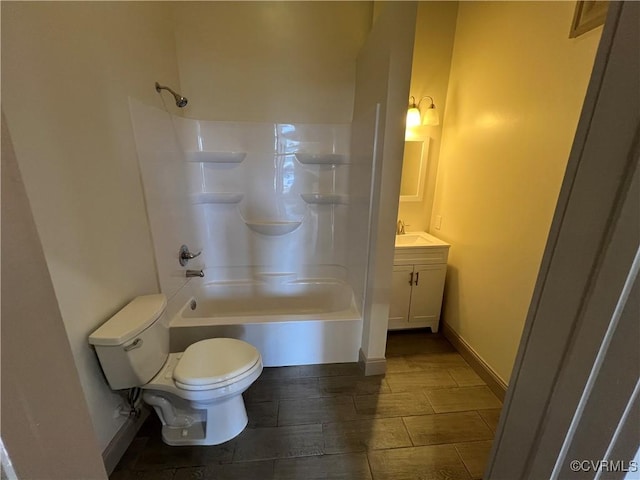 full bathroom with vanity, bathing tub / shower combination, and toilet