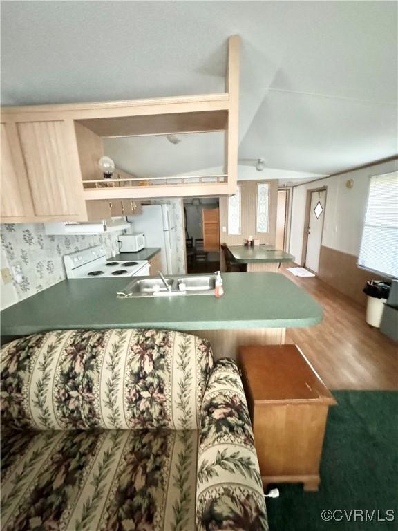 kitchen featuring sink, hardwood / wood-style floors, white appliances, and light brown cabinets