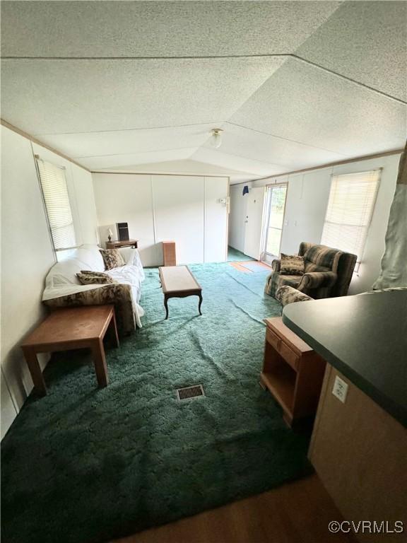 carpeted living room with lofted ceiling