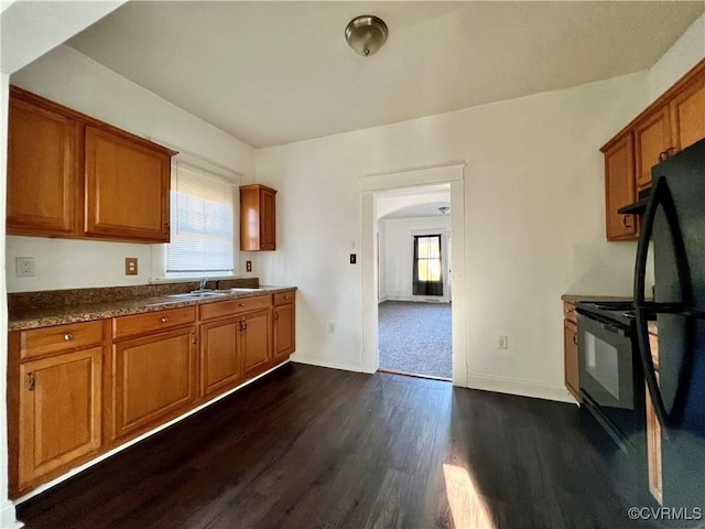 kitchen featuring electric range, dark hardwood / wood-style floors, a healthy amount of sunlight, and sink