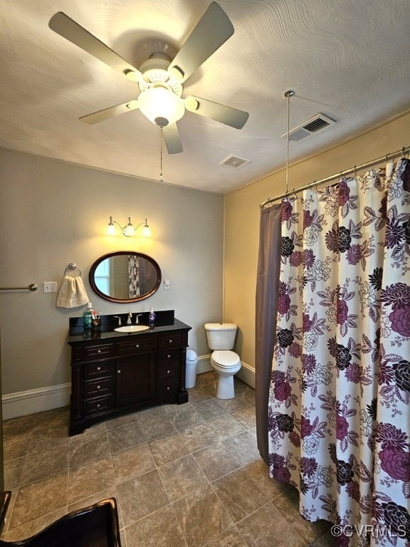 bathroom featuring vanity, ceiling fan, toilet, and a textured ceiling