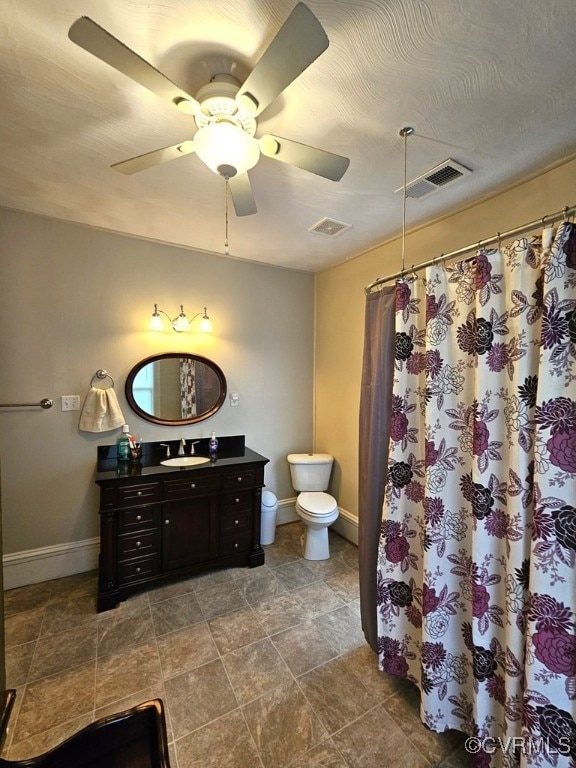 full bathroom featuring baseboards, visible vents, vanity, and toilet