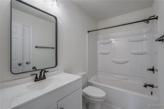 full bathroom featuring bathtub / shower combination, vanity, and toilet