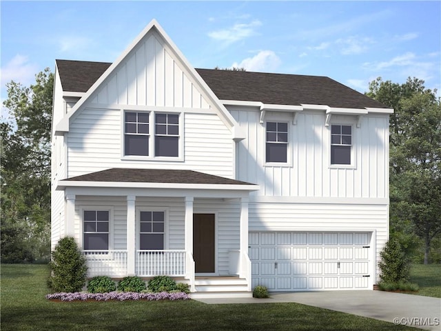 view of front facade with covered porch, a garage, and a front lawn