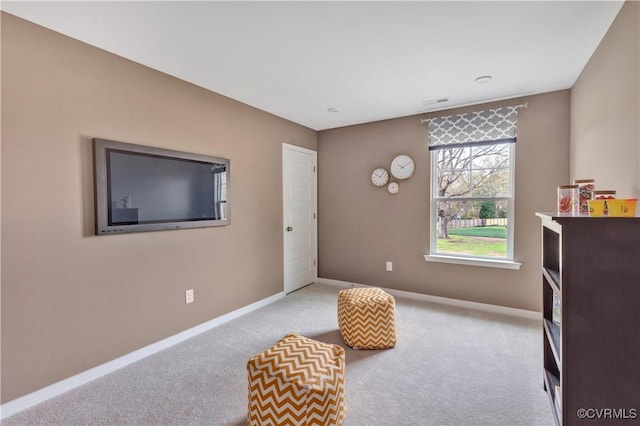 living area featuring light colored carpet