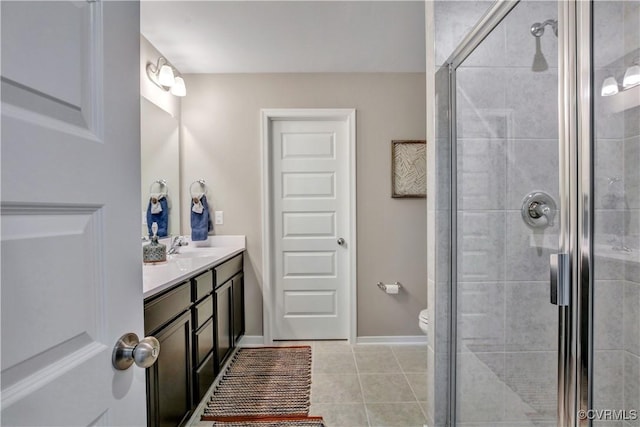 bathroom with tile patterned flooring, vanity, an enclosed shower, and toilet