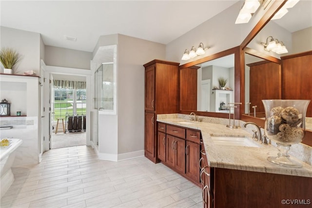 bathroom with hardwood / wood-style floors and vanity