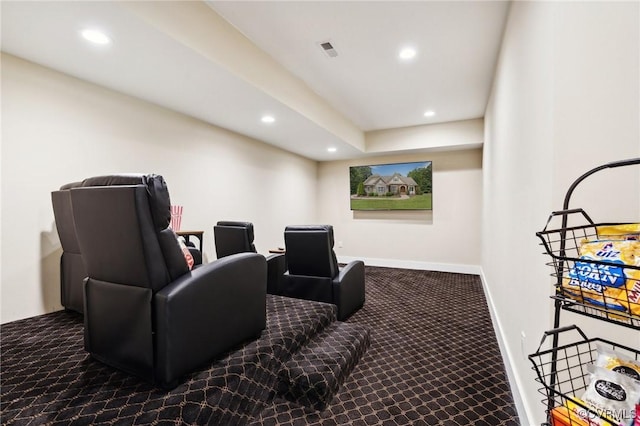 home theater featuring carpet