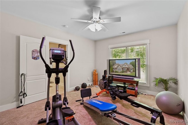 exercise room featuring carpet flooring and ceiling fan