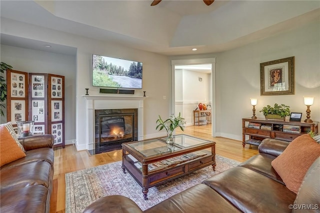 living room featuring a fireplace, light wood-type flooring, and a raised ceiling