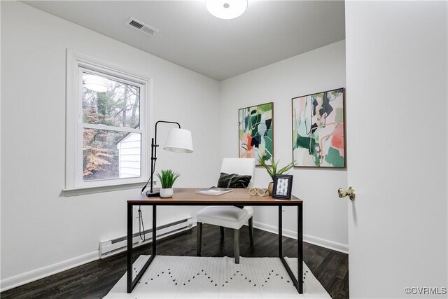 office area with hardwood / wood-style flooring and a baseboard heating unit