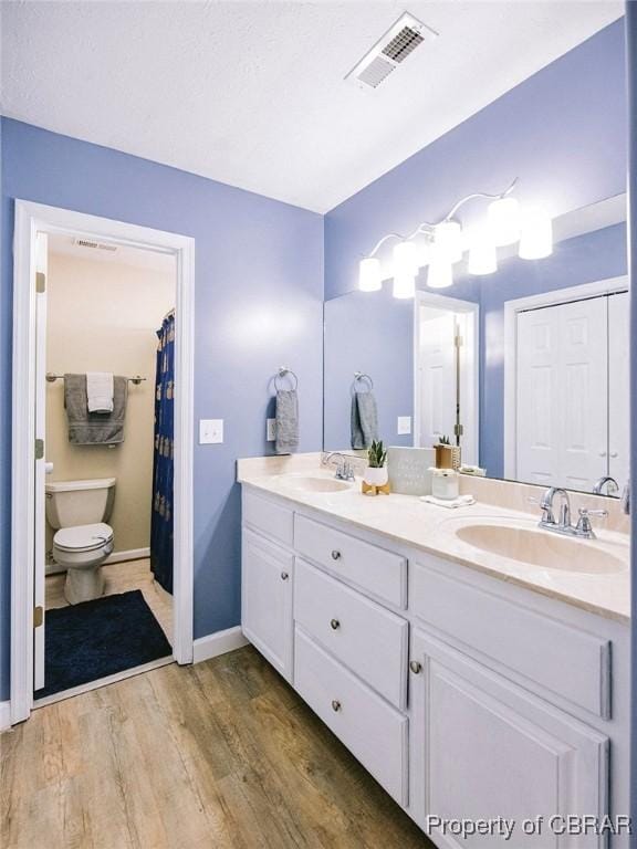 bathroom with wood-type flooring, vanity, and toilet