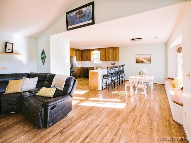 living room with light wood-type flooring and sink