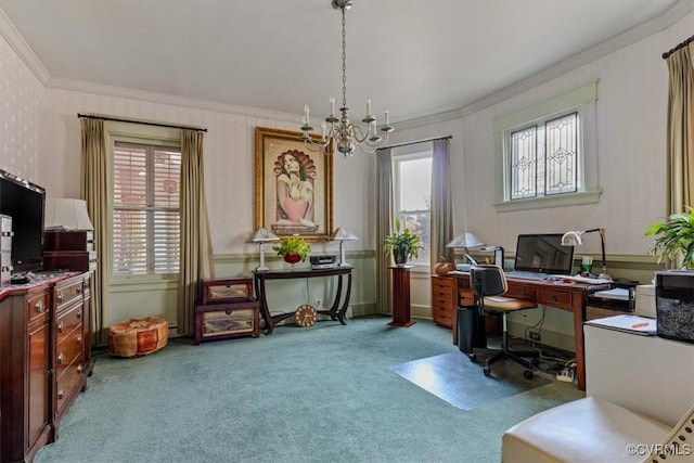 carpeted office space featuring an inviting chandelier and crown molding