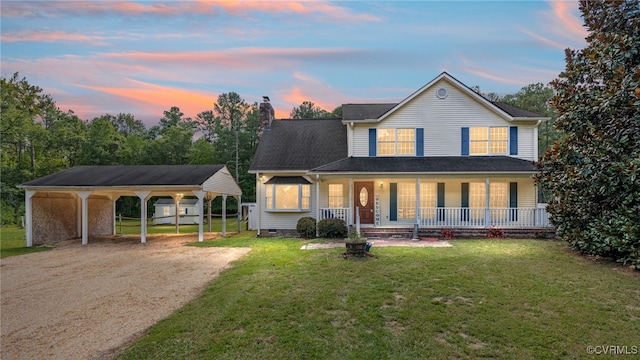 farmhouse-style home featuring a lawn, a porch, and a carport