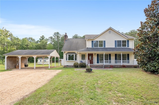 view of front of house featuring a front lawn, a porch, and a carport