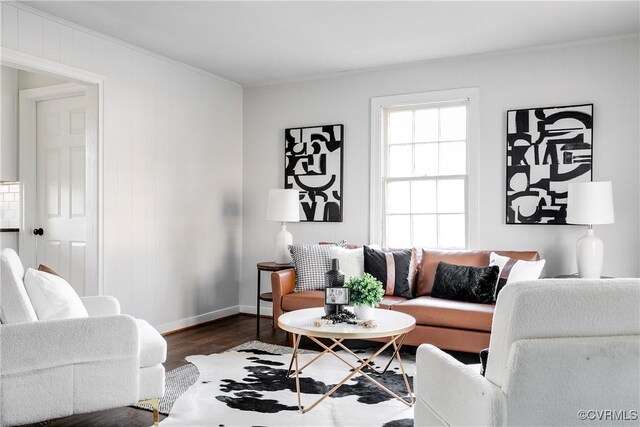 living room with dark hardwood / wood-style flooring