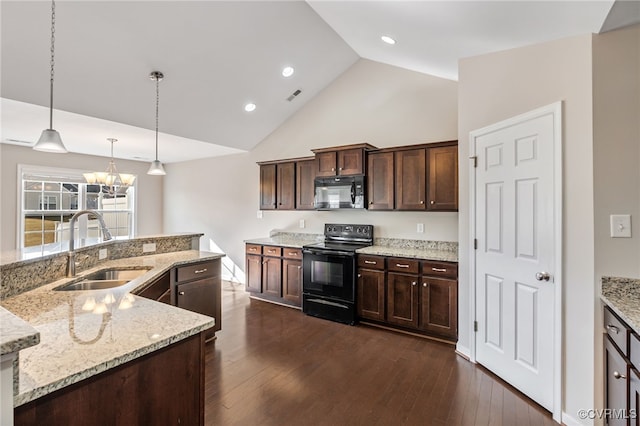 kitchen with black appliances, sink, a chandelier, light stone counters, and dark brown cabinets