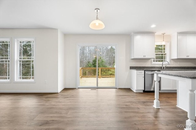 kitchen with white cabinets, dark hardwood / wood-style flooring, stainless steel dishwasher, and hanging light fixtures