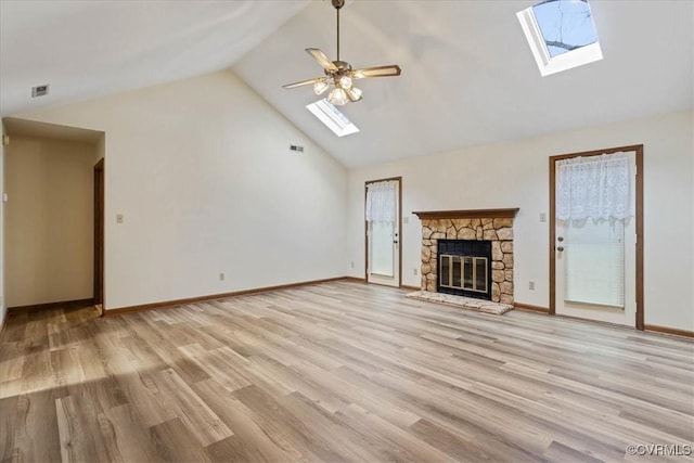 unfurnished living room with ceiling fan, high vaulted ceiling, plenty of natural light, a fireplace, and light wood-type flooring