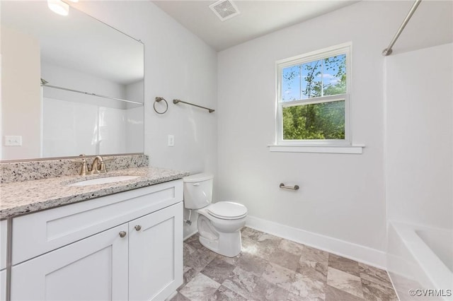 full bathroom with shower / tub combination, vanity, and toilet