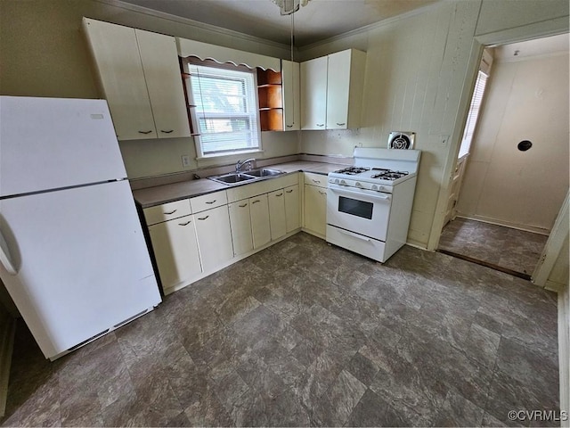 kitchen with white cabinetry, white appliances, ornamental molding, and sink