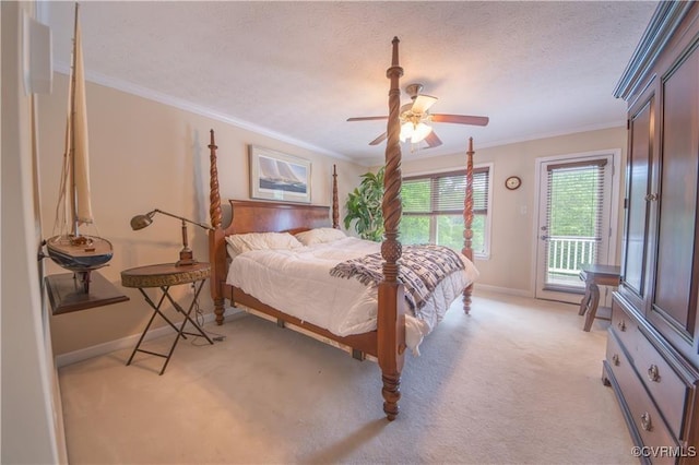 bedroom featuring light carpet, access to outside, crown molding, ceiling fan, and a textured ceiling