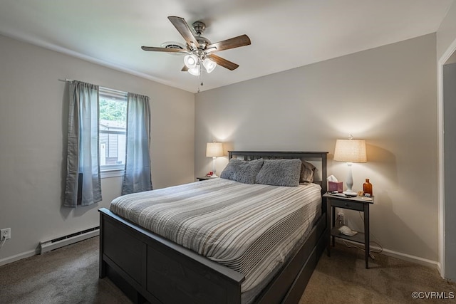 carpeted bedroom featuring ceiling fan and a baseboard heating unit