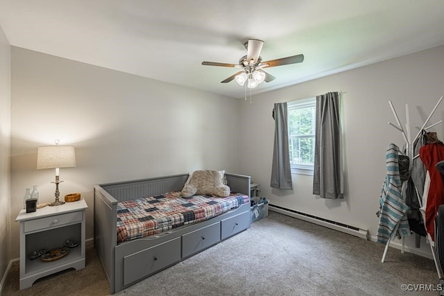 bedroom featuring carpet, ceiling fan, and baseboard heating