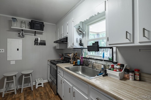 kitchen featuring electric panel, white cabinetry, ornamental molding, and electric stove