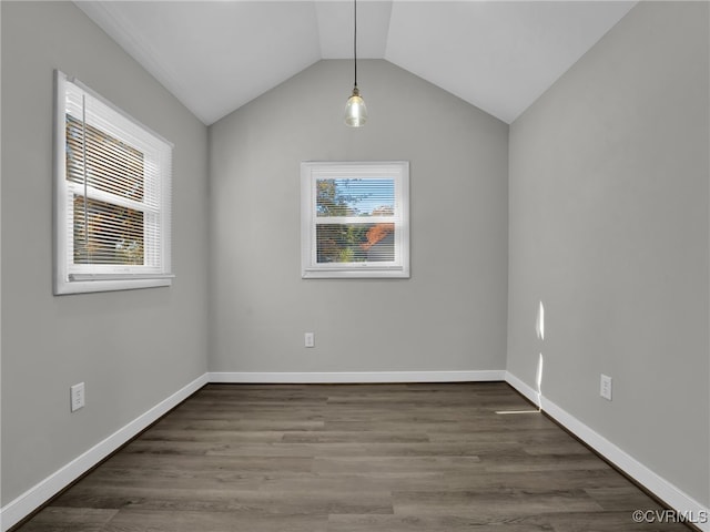 spare room with lofted ceiling, dark wood-type flooring, and plenty of natural light