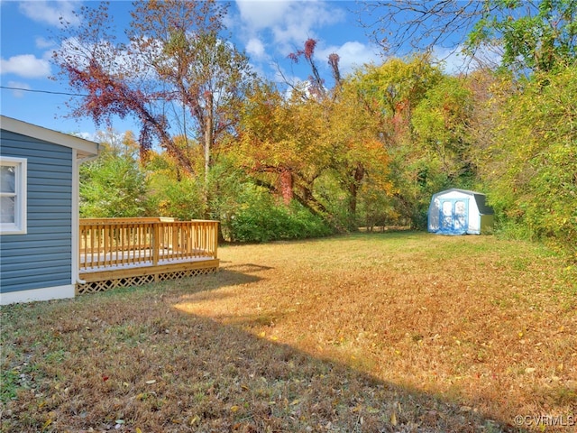 view of yard with a deck and a shed