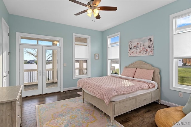 bedroom with access to outside, ceiling fan, and dark hardwood / wood-style flooring