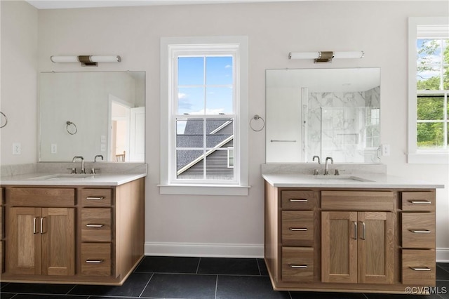 15812 W Millington Dr, Midlothian, VA 23112 - bathroom with two vanities, a marble finish shower, and healthy amount of natural light