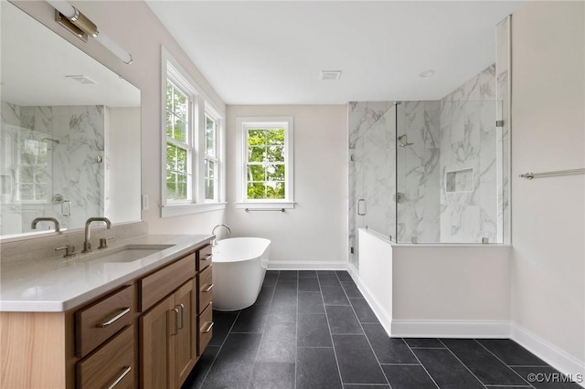 15812 W Millington Dr, Midlothian, VA 23112 - full bath featuring baseboards, vanity, a marble finish shower, and a freestanding bath