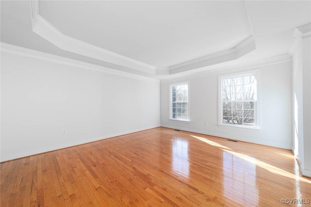 spare room featuring light hardwood / wood-style floors, a raised ceiling, and ornamental molding