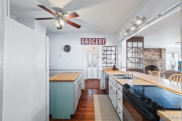 kitchen with wooden counters, dark wood-type flooring, sink, black appliances, and a fireplace