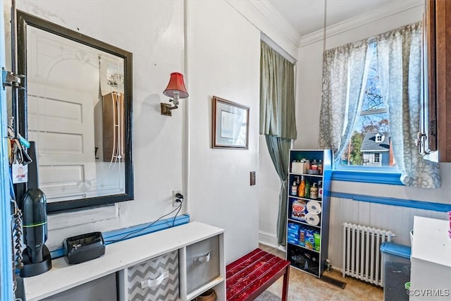 interior space featuring radiator and ornamental molding