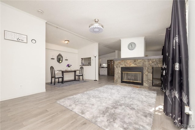 living room with hardwood / wood-style flooring and a fireplace