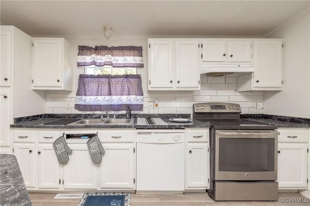 kitchen with electric range, dishwasher, white cabinets, and sink