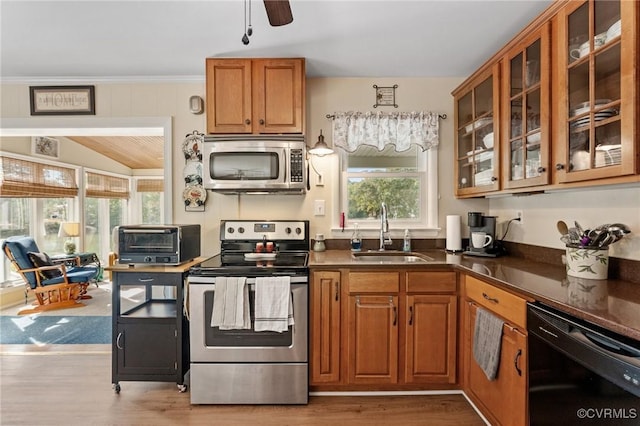 kitchen featuring a wealth of natural light, sink, ceiling fan, and appliances with stainless steel finishes