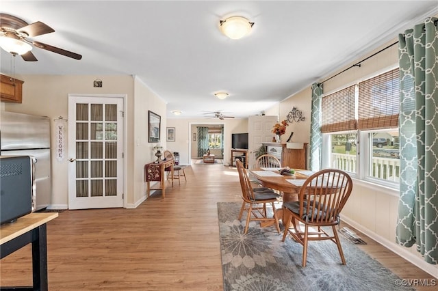 dining room with ceiling fan and wood-type flooring