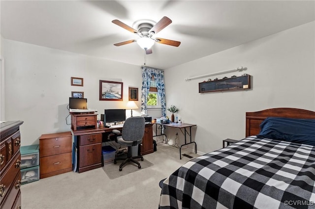 bedroom featuring ceiling fan and light colored carpet