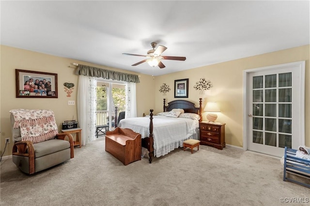 bedroom featuring ceiling fan, light colored carpet, and access to outside