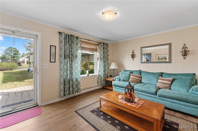 living room with plenty of natural light, light wood-type flooring, ornamental molding, and baseboard heating