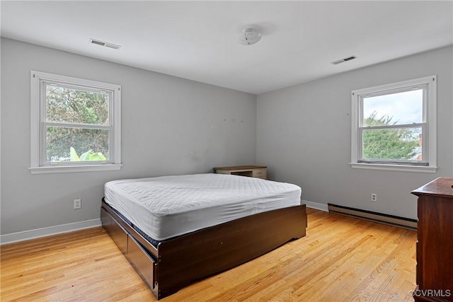 bedroom featuring light hardwood / wood-style floors and a baseboard heating unit