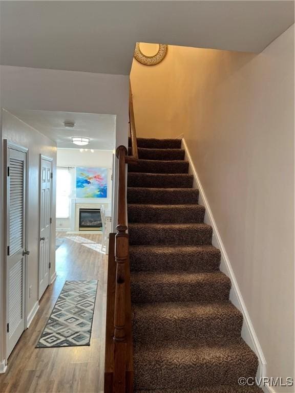 stairs featuring hardwood / wood-style flooring