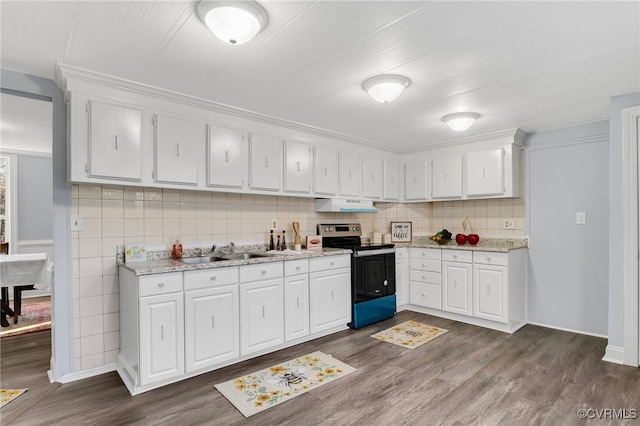 kitchen with decorative backsplash, dark hardwood / wood-style flooring, stainless steel electric stove, sink, and white cabinetry