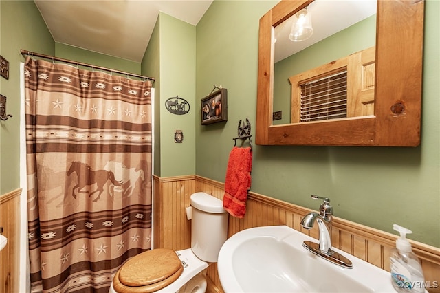 bathroom with toilet, wood walls, and sink