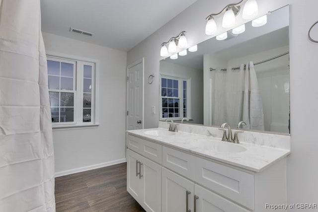 bathroom with hardwood / wood-style floors and vanity